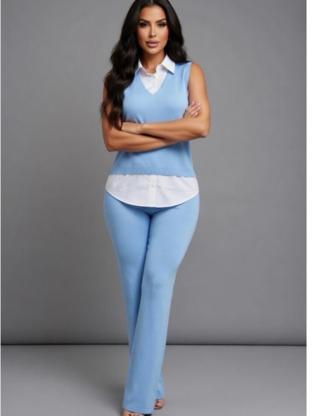 Sleeveless V-Neck Knit Top & Pants Set - Light Blue